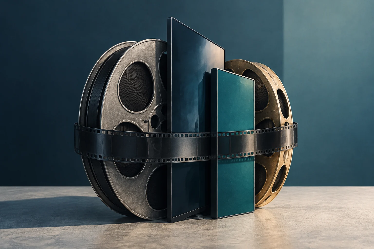 Two film reels, one silver and one gold, sit behind two rectangular screens, encircled by a strip of film against a dark blue background.