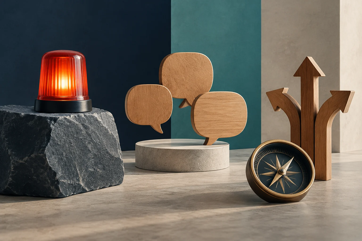 A red emergency beacon stands on a dark rock; three wooden speech bubbles float in the center, while a compass sits beside three wooden arrows pointing in different directions.
