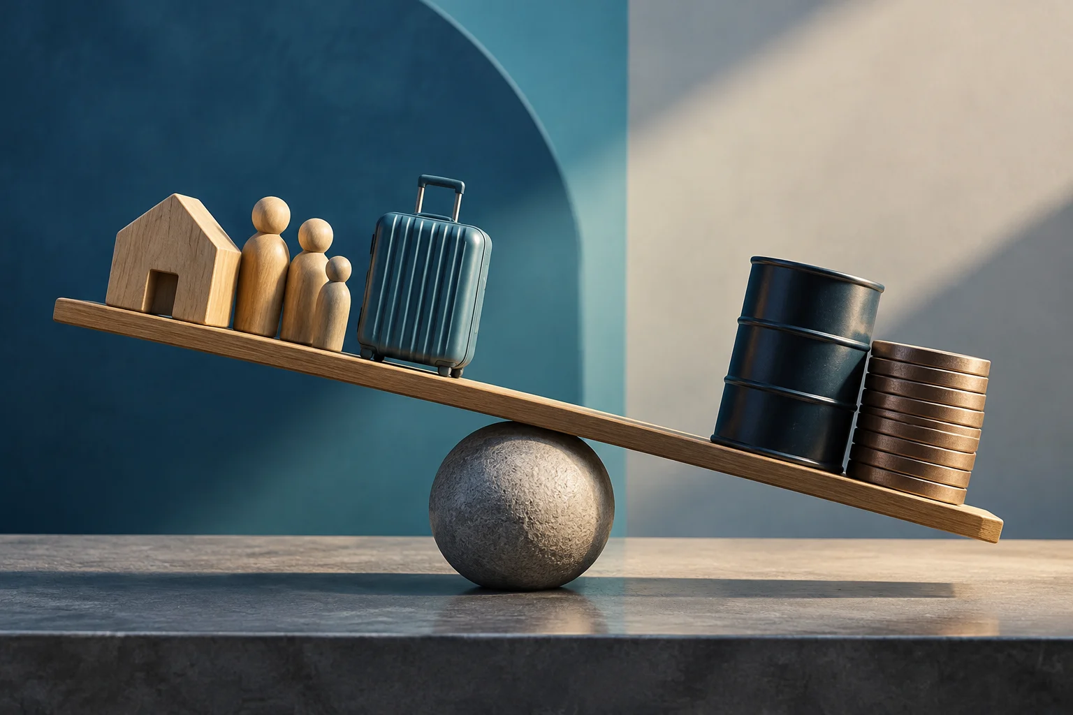 A wooden seesaw balanced on a sphere holds a small house, wooden figures, and a suitcase at one end, and a dark barrel beside a stack of coins at the other.