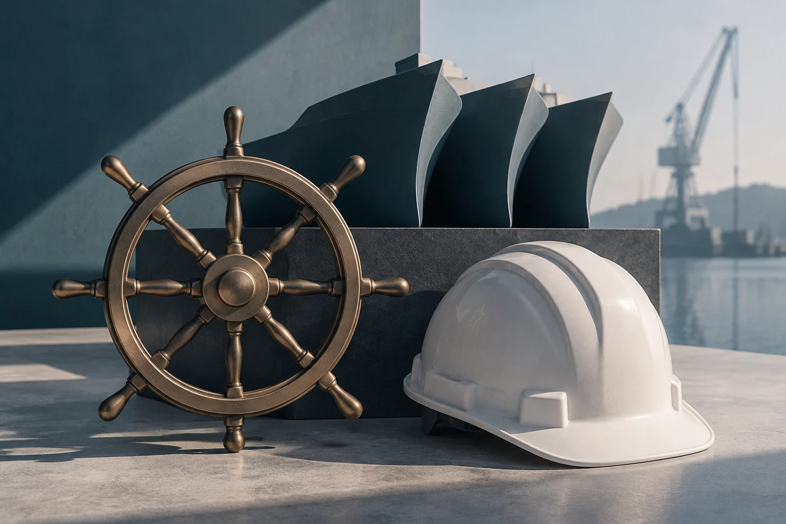 A ship's wheel and a white safety helmet sit in the foreground, in front of large shipyard structures and a crane.