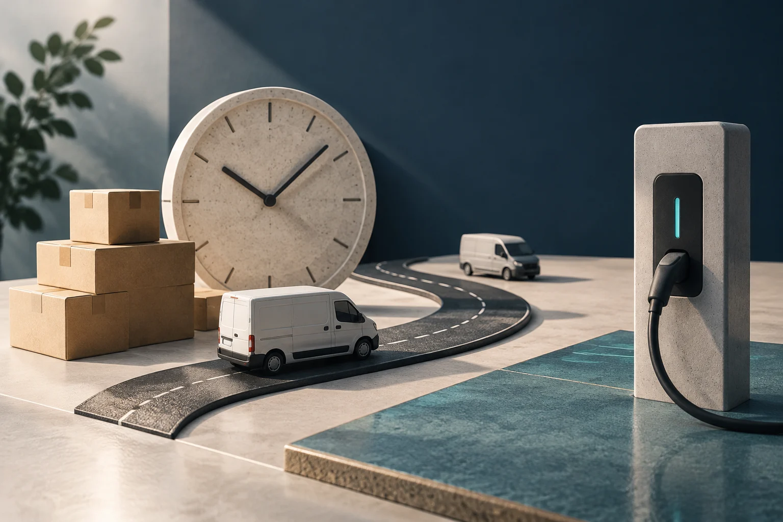 Conceptual illustration of two white vans on a winding road, beside delivery boxes, a large clock, and an electric-vehicle charging point.