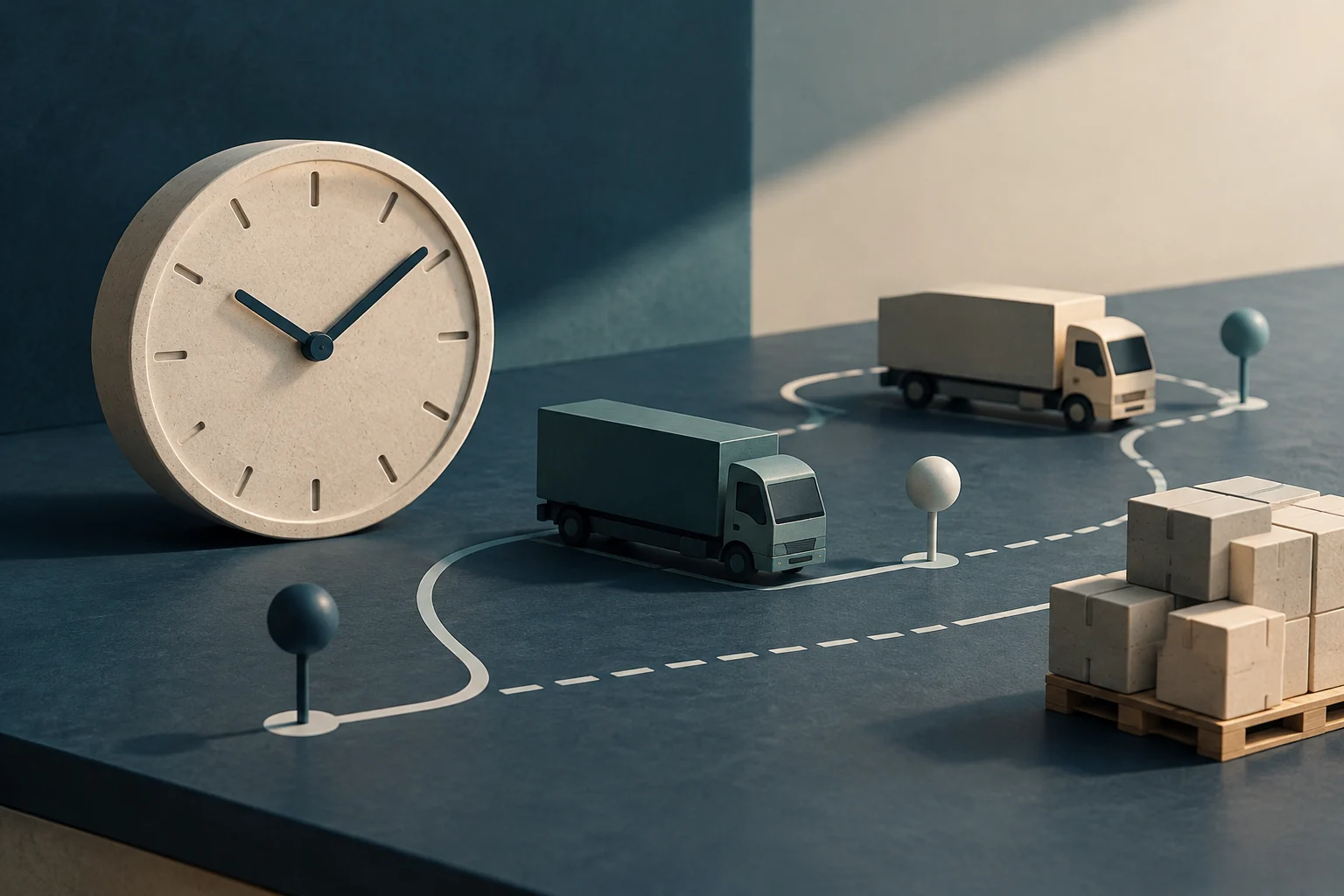 Conceptual illustration of two trucks following marked routes across a surface, beside a large clock and packages stacked on a pallet.