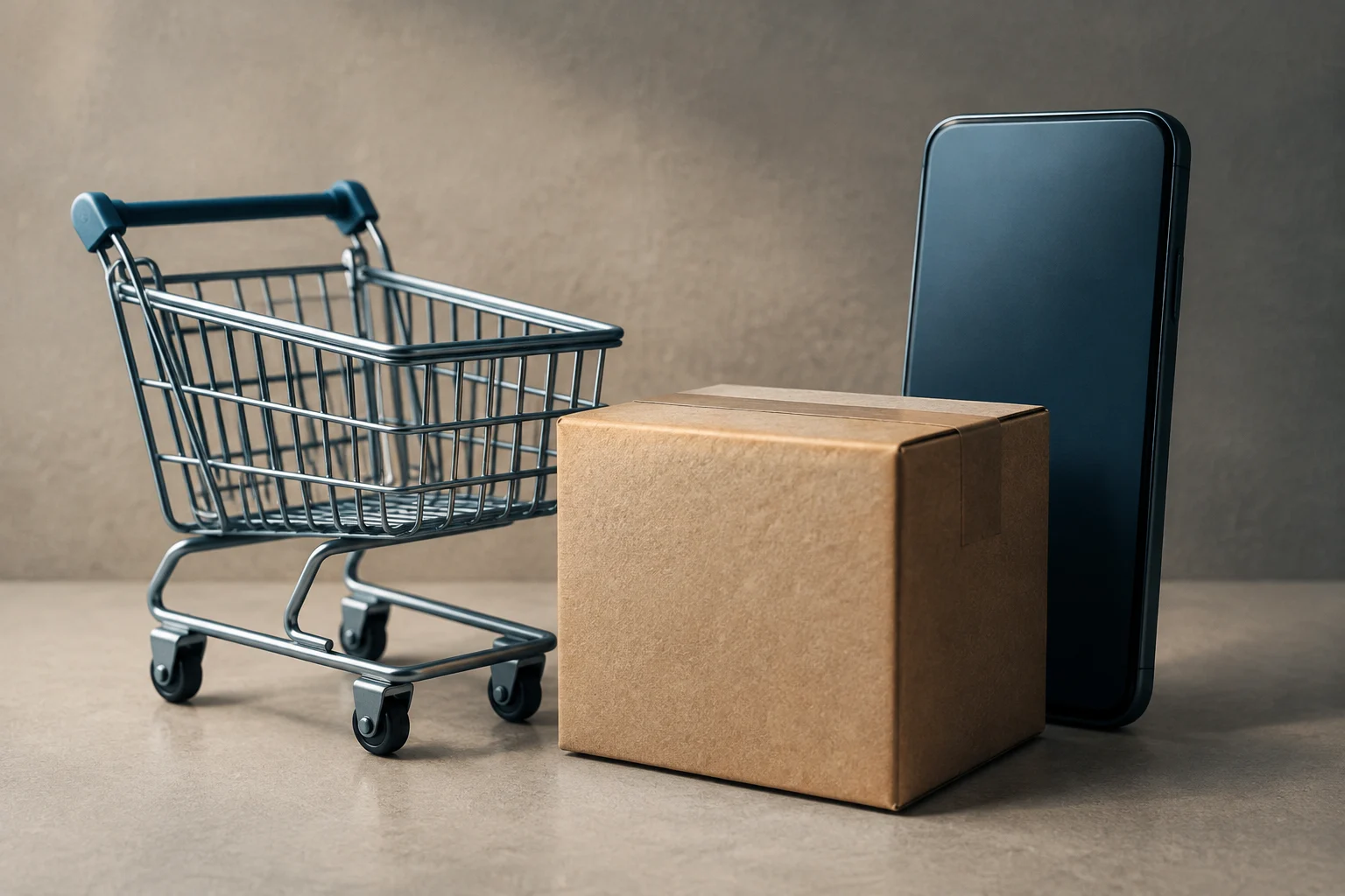 A metal shopping cart, a cardboard box, and a smartphone with its screen off, arranged against a neutral background.