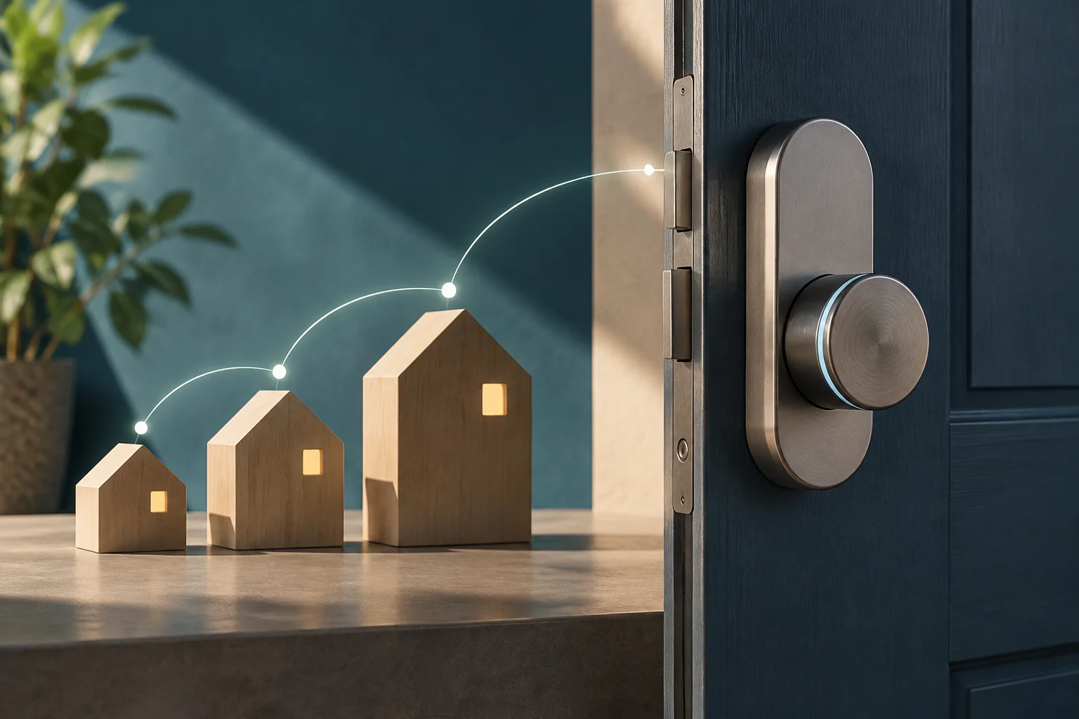 A metallic smart lock on a dark door, beside three small wooden houses linked by a curved line of glowing dots.