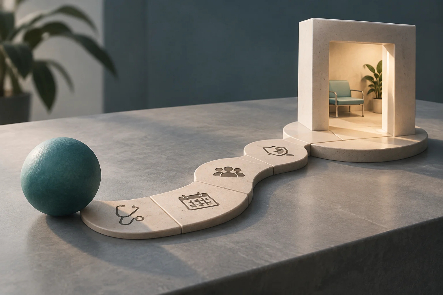 A green sphere sits beside a path of tiles bearing icons of a stethoscope, calendar, people, and shield, leading to a small illuminated room with a chair and a plant.
