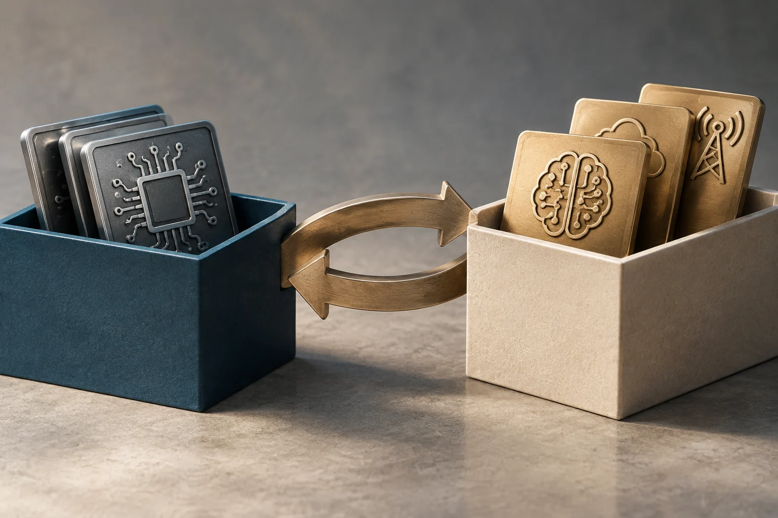 Two boxes, one blue with circuit boards and one light-colored with cards bearing AI, cloud, and antenna symbols, are linked by circular exchange arrows.