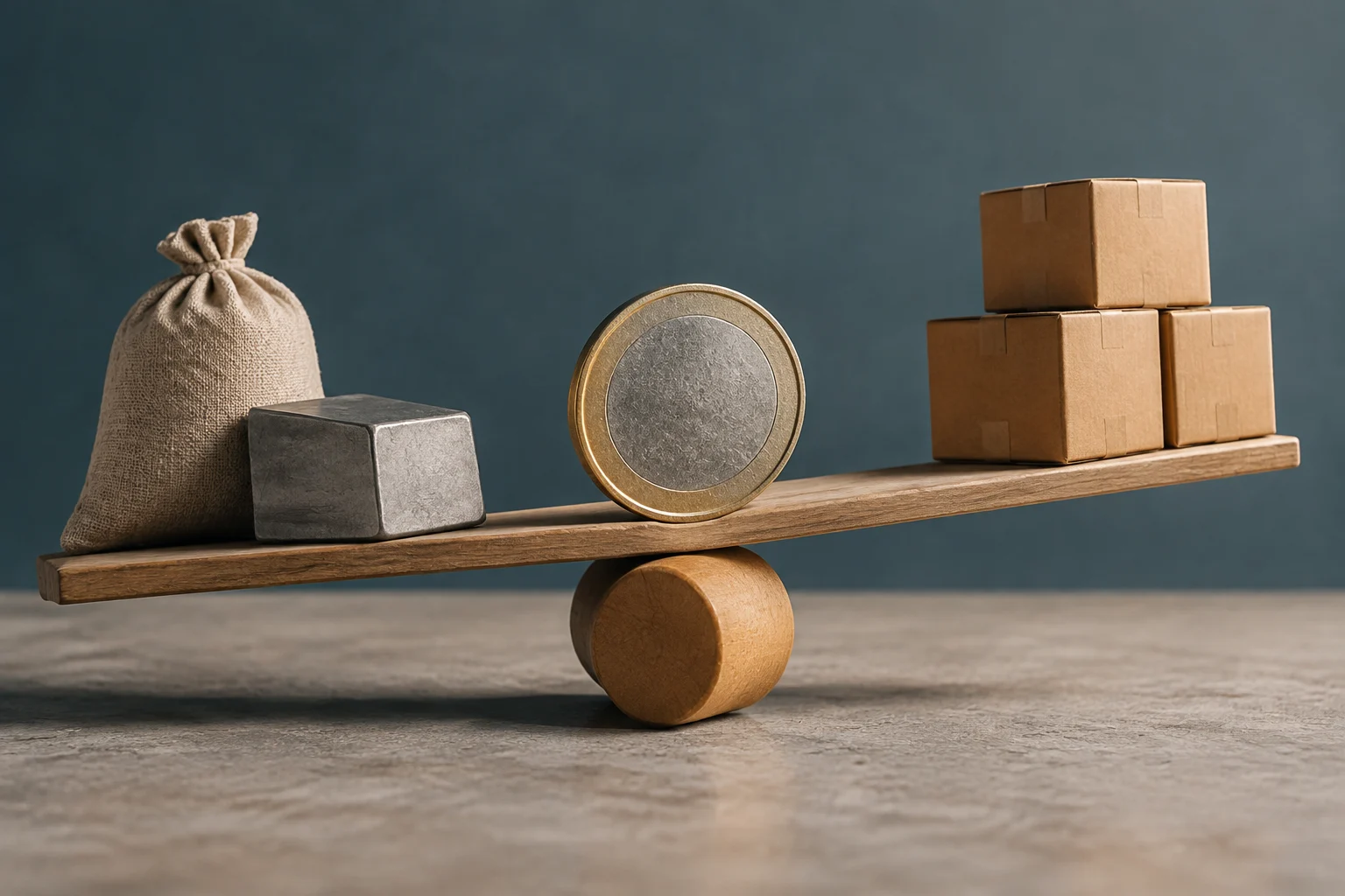 A coin with no inscription sits at the center of a plank balanced on a cylinder; a sack and a metal block are on one side, and cardboard boxes are on the other.
