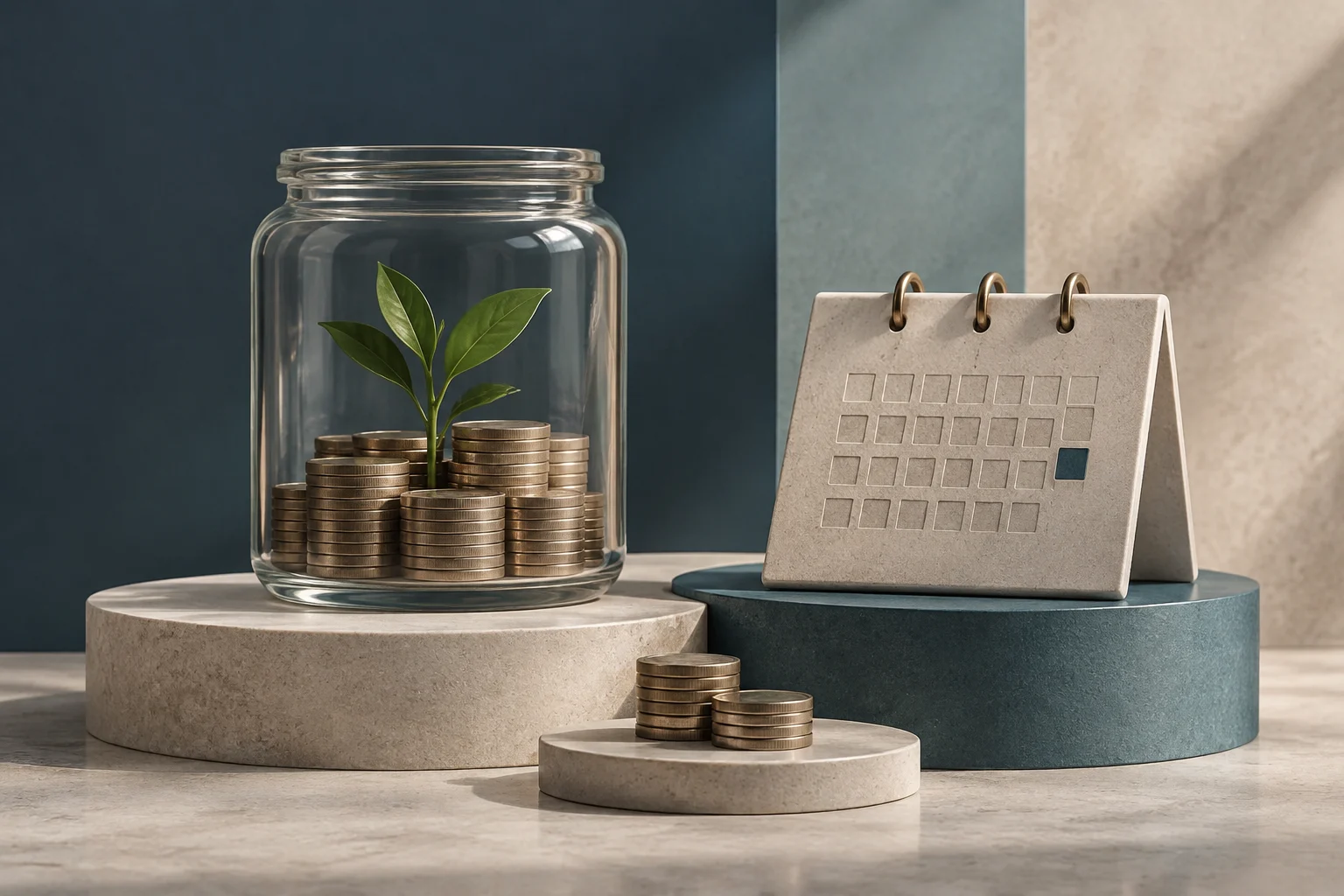 A glass jar holds stacks of coins and a small green sprout. Beside it is a calendar with no words or numbers and one highlighted square.