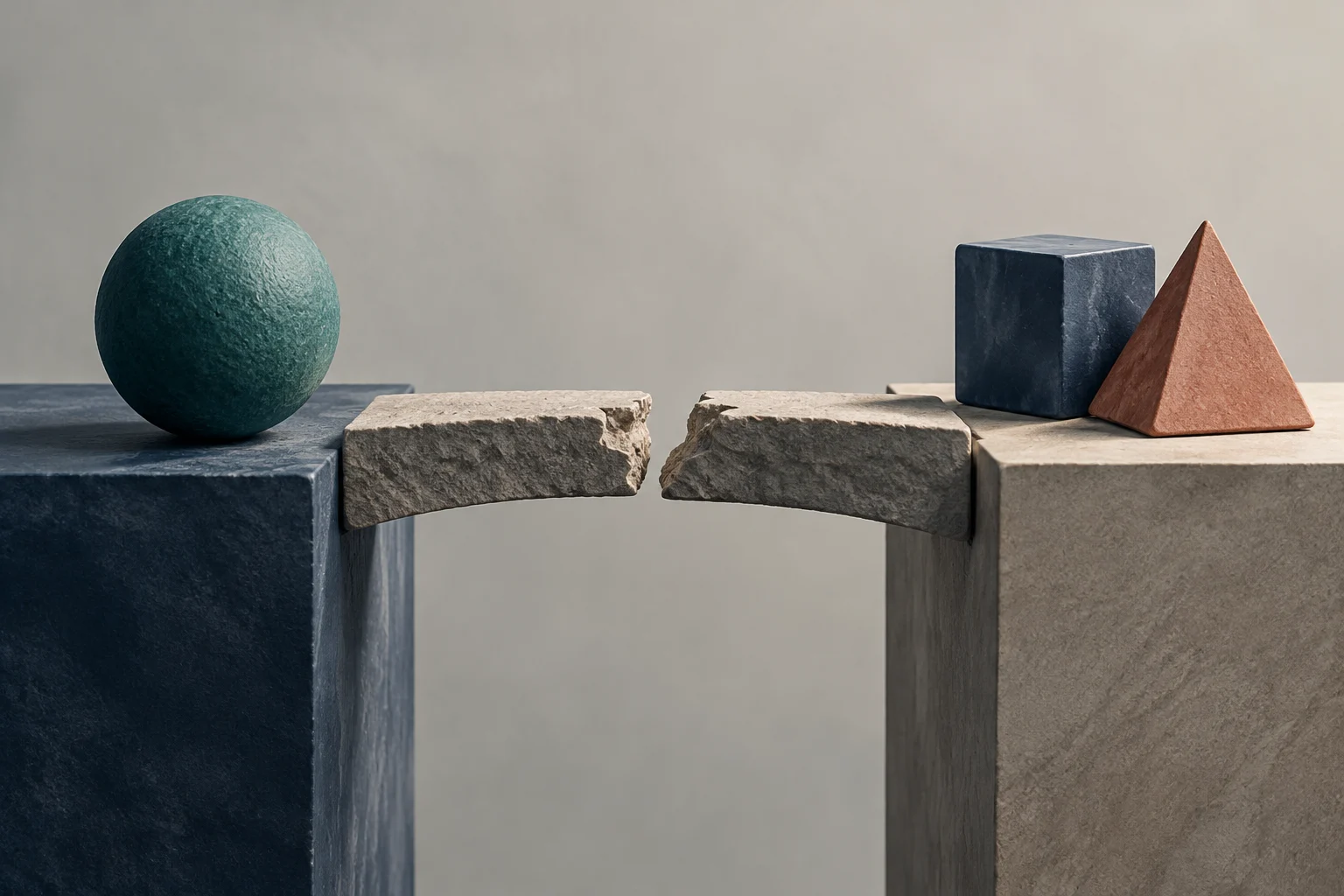 A dark green sphere and several stone geometric shapes sit on two separate platforms, connected only by fragments of a broken bridge.