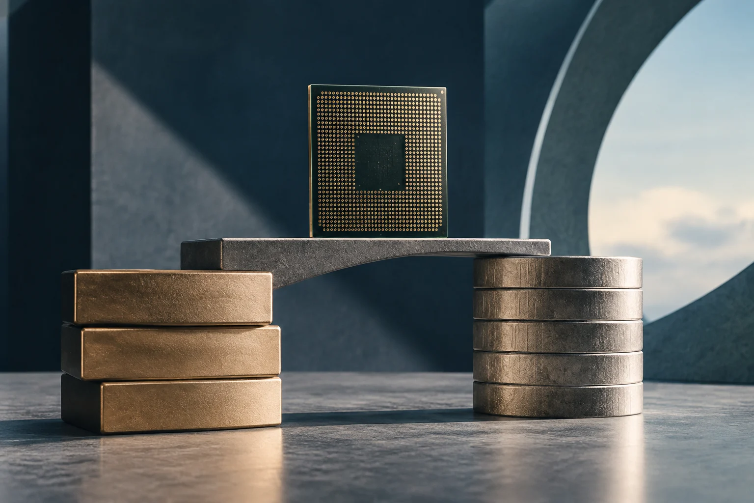 A square chip with gold contacts is balanced on a slab between two stacks of metal blocks on a dark surface.