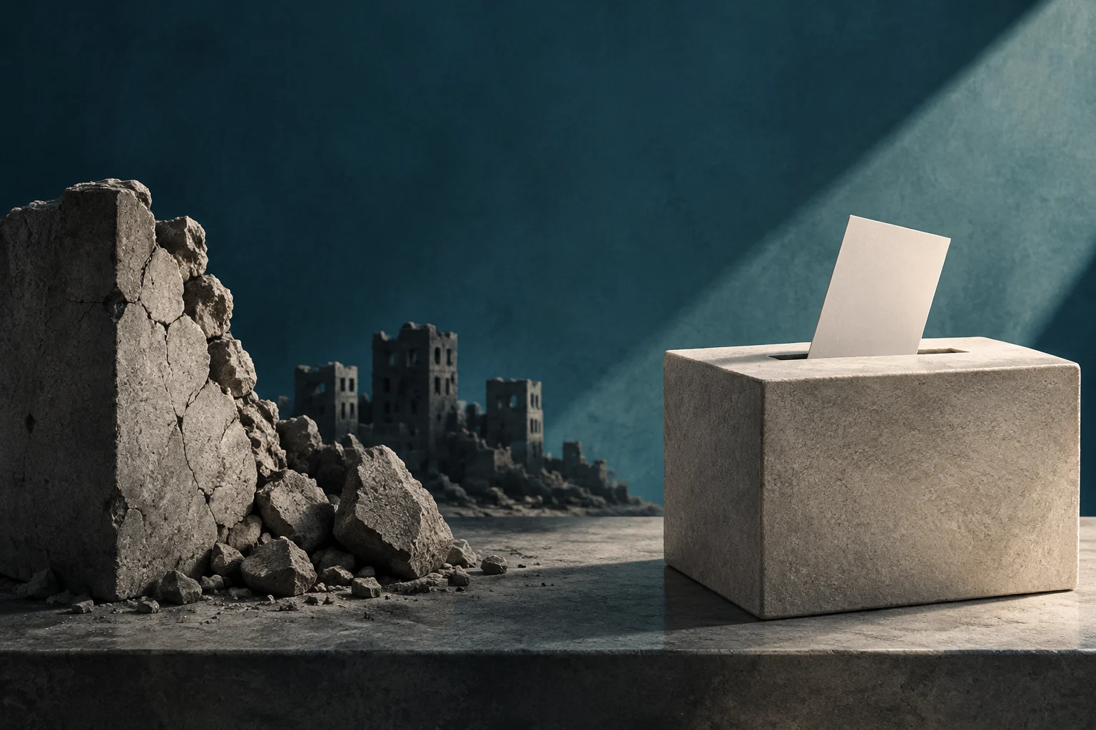 A stone ballot box with a ballot in its slot stands before ruined buildings and rubble, beneath a beam of light.