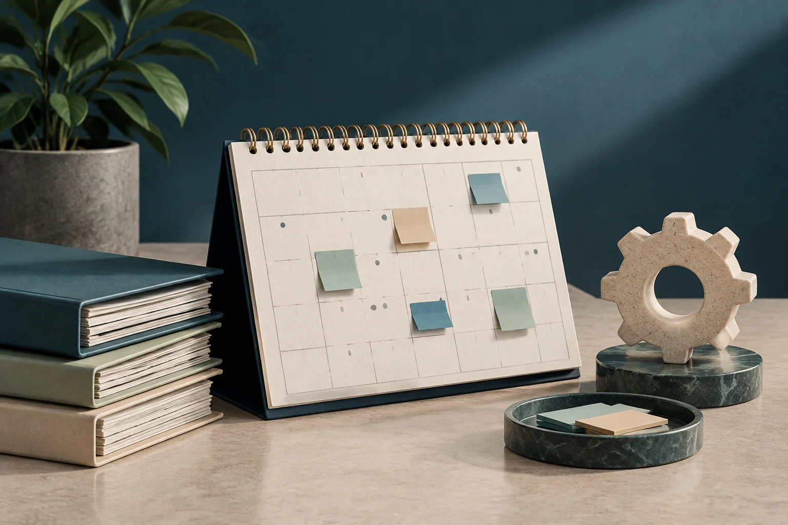 A desk calendar with colored sticky notes sits in the center, with folders and papers on one side and a decorative gear-shaped object on the other.