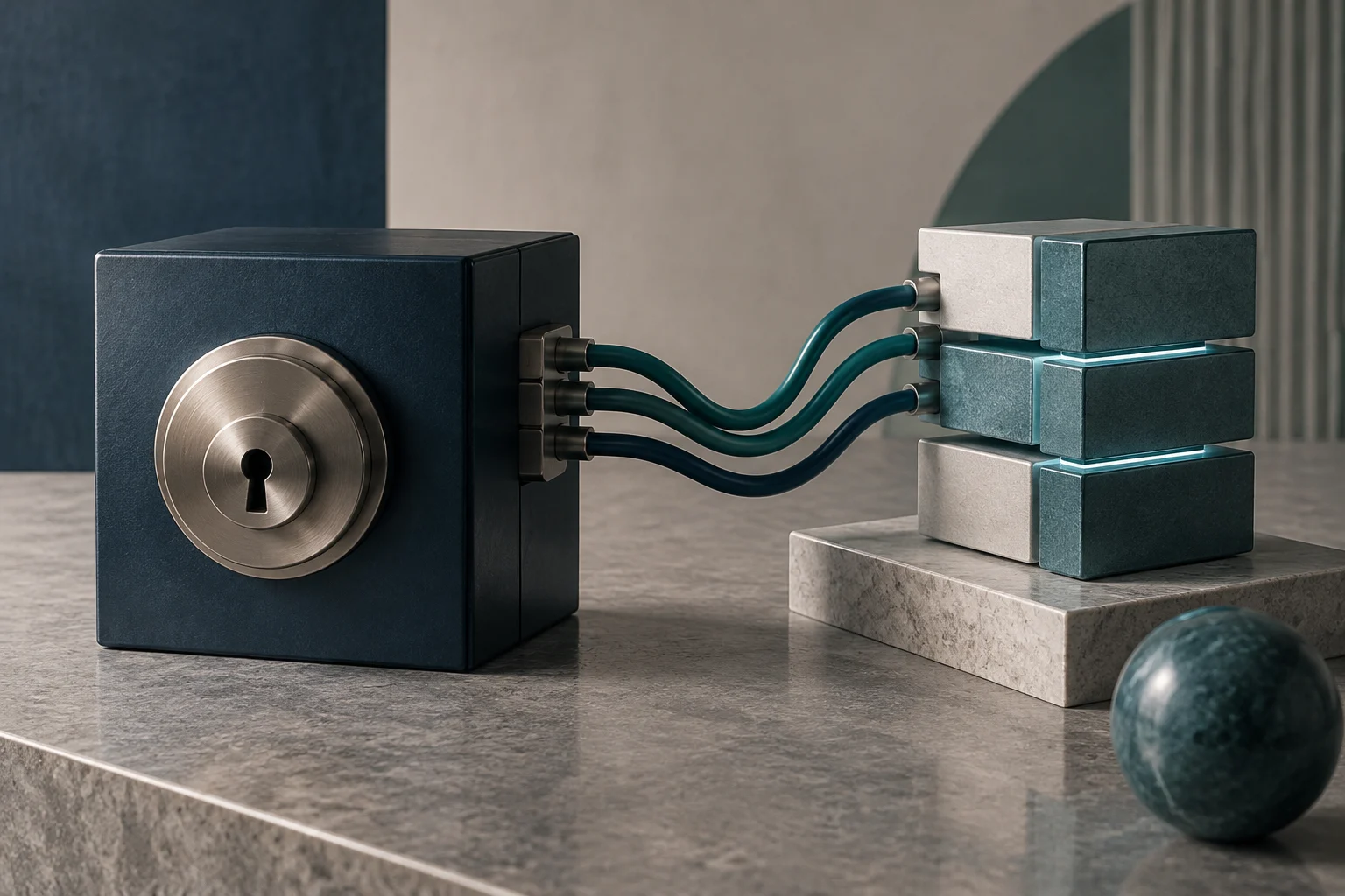 A dark metal padlock is connected by three curved cables to a stack of technological blocks on a surface.