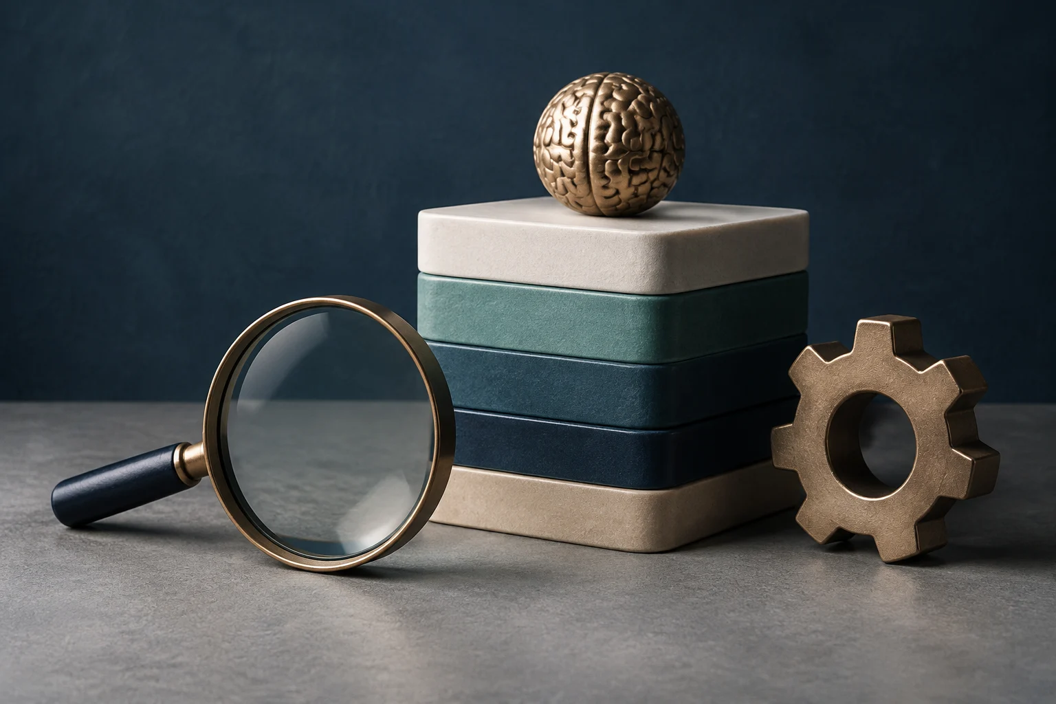 A sculptural brain rests on stacked blocks, with a magnifying glass in front and a metal gear beside it.