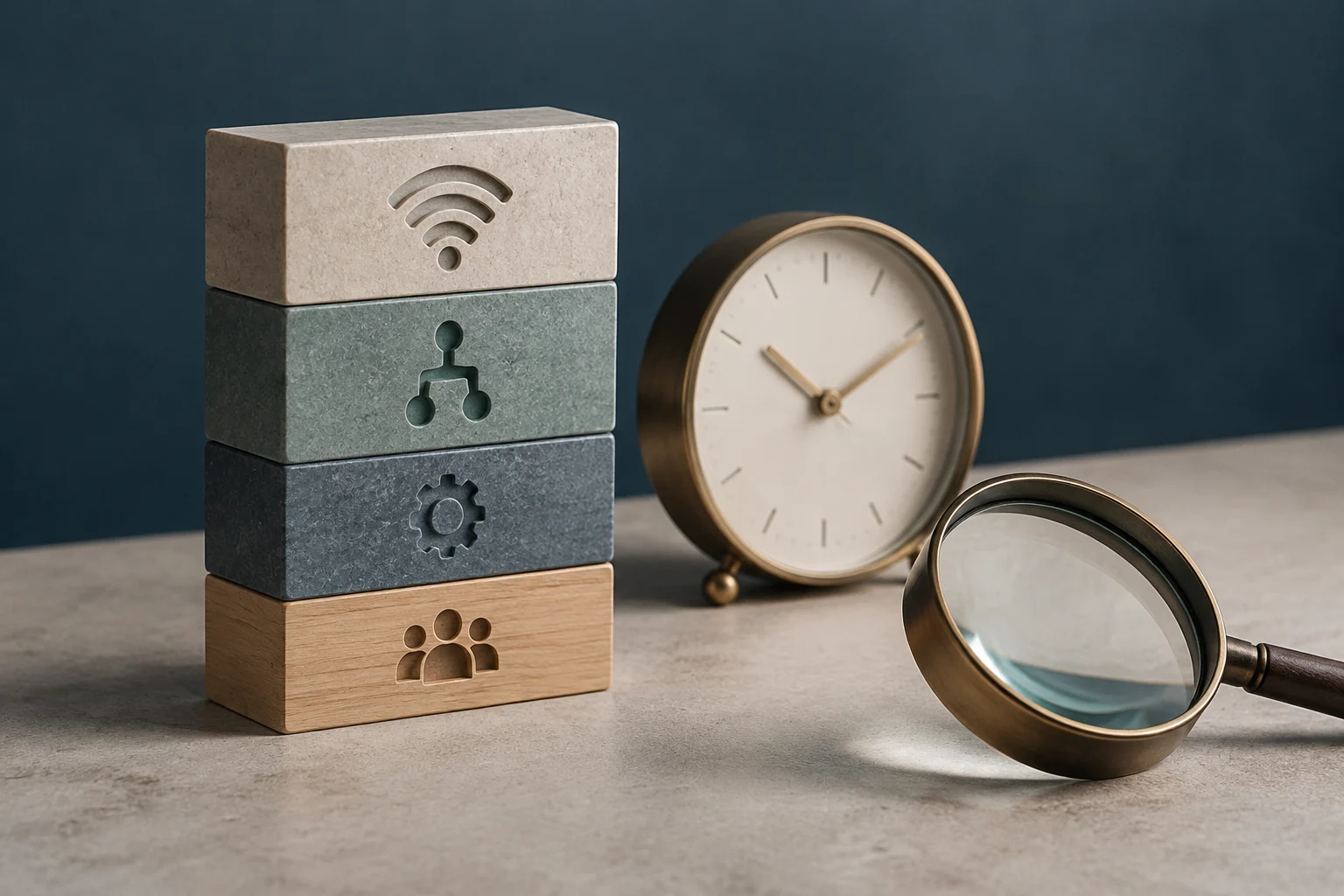 Four stacked blocks display symbols for Wi-Fi, a network, a gear, and people; beside them are an analog clock and a magnifying glass on a table.