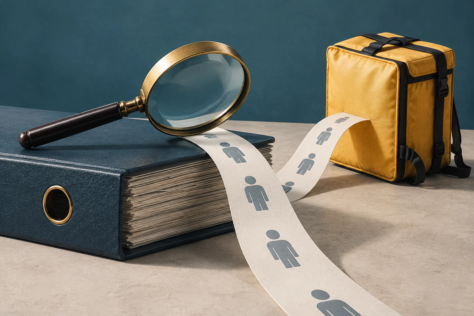 A magnifying glass rests on an open file box beside a strip of paper with human pictograms and a yellow delivery backpack.