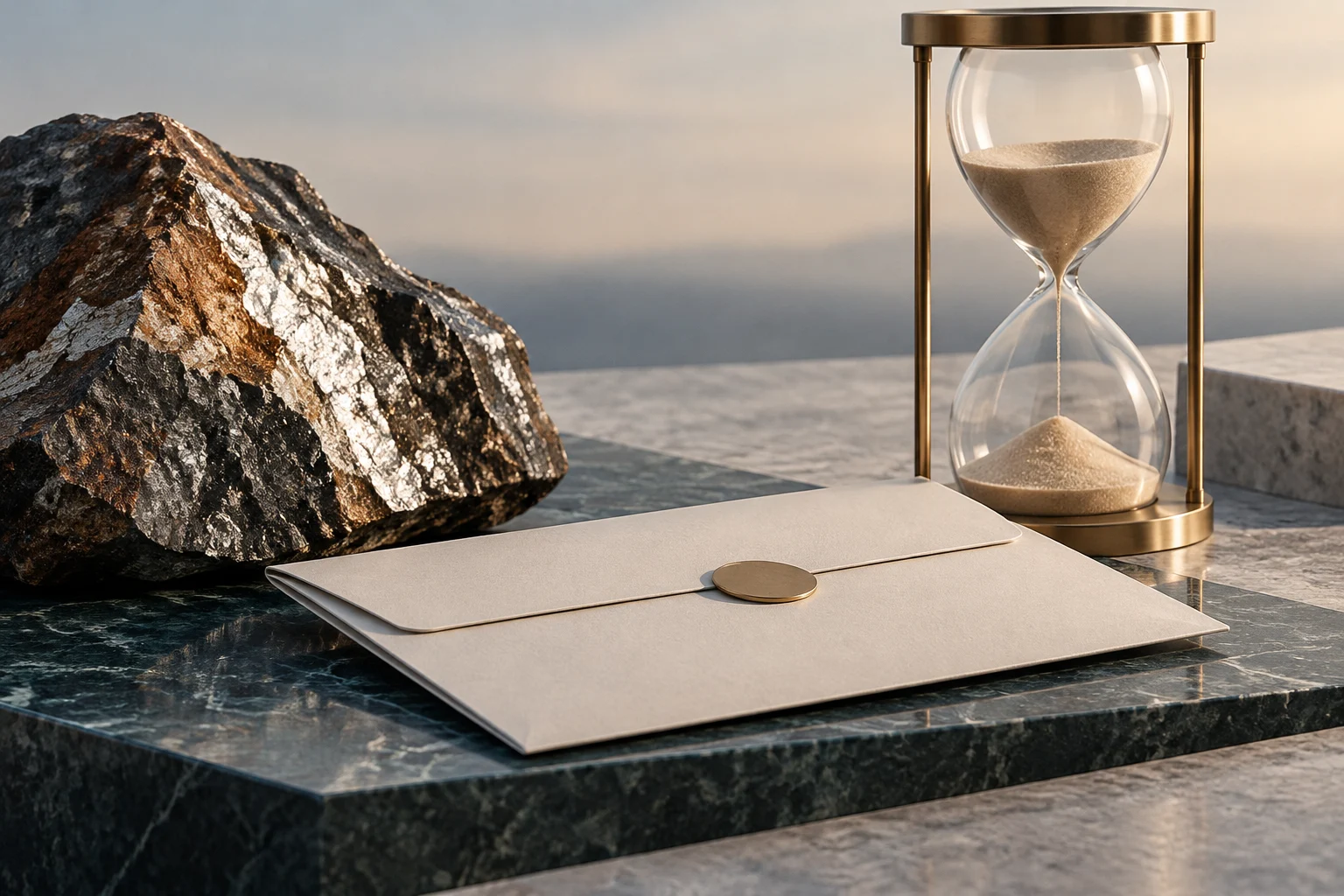 A dark mineral rock, a sealed beige envelope, and an hourglass filled with golden sand rest on a stone surface.