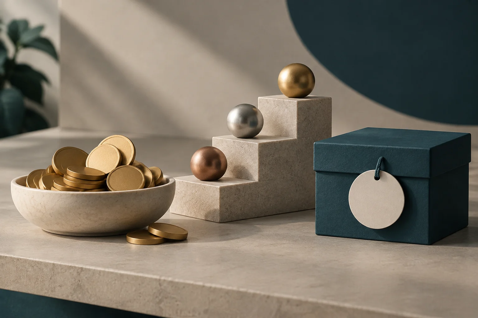 A bowl of gold coins, three spheres on pedestals of different heights, and a dark blue box with a round tag.