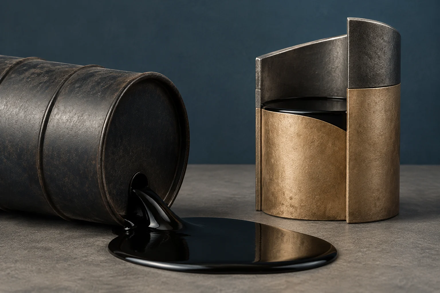 A dark barrel lying on its side pours black oil into a puddle in front of an open cylindrical metal vessel, on a gray surface.