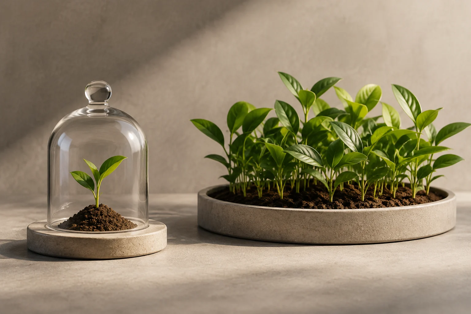 A small seedling under a glass cloche beside a wide planter filled with many plants.