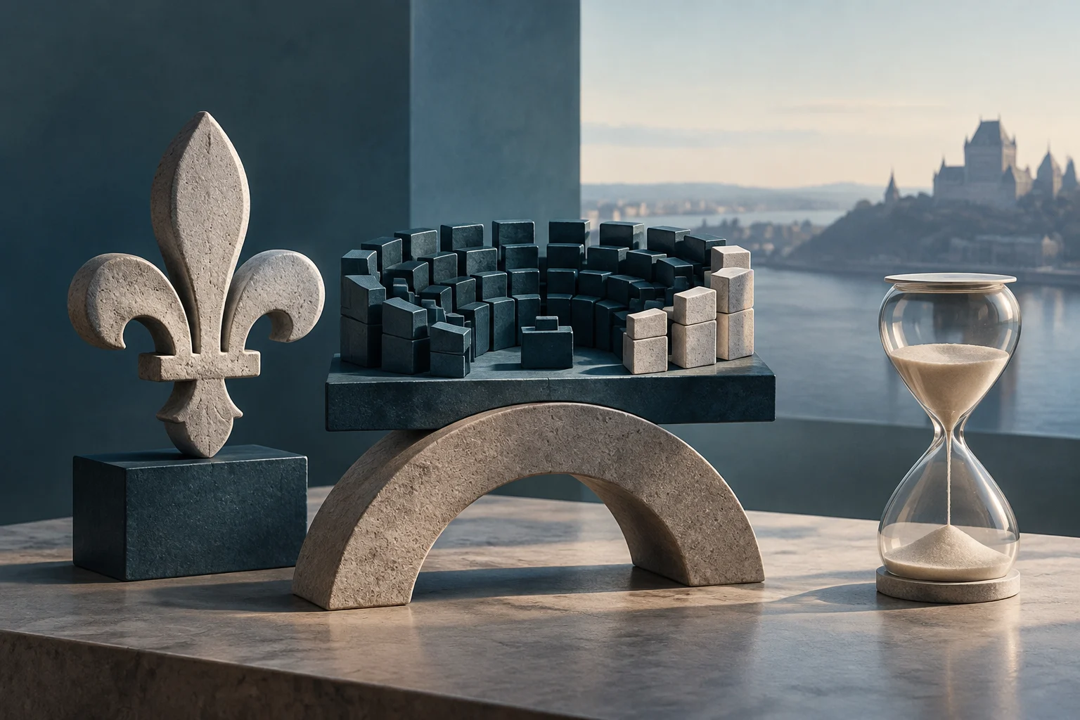 A stone fleur-de-lis and dark blocks arranged on a curved bridge; an hourglass stands beside them, with a city by the water in the background.