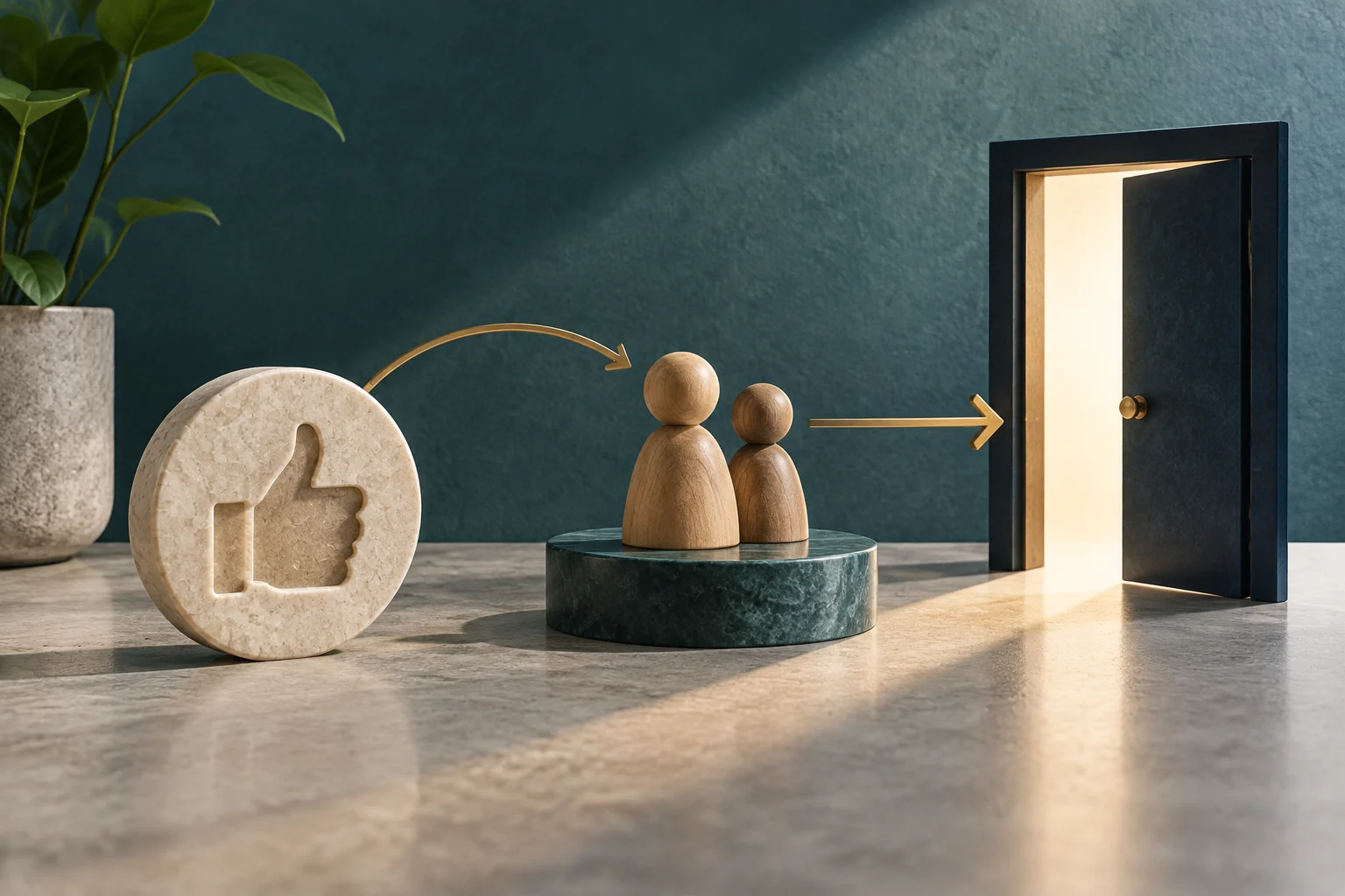A stone disk with a carved thumbs-up points, via golden arrows, to two wooden figures and then to an open, illuminated door.