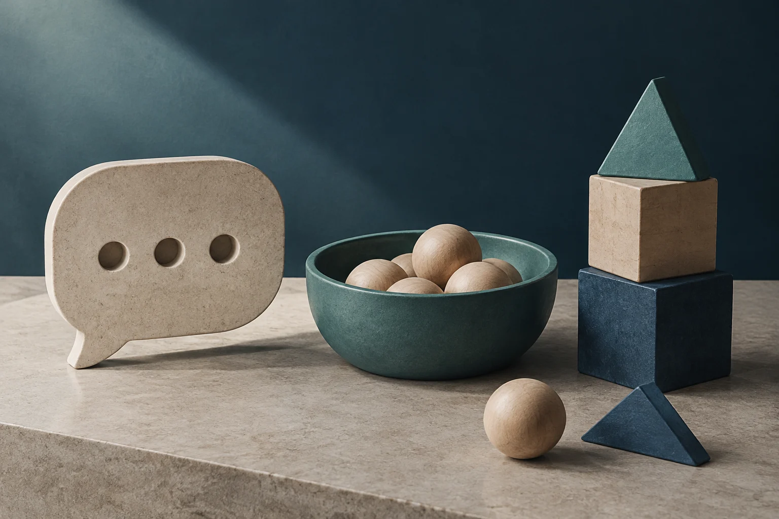 A stone speech bubble with three dots beside a green bowl of wooden spheres and several stacked geometric shapes.