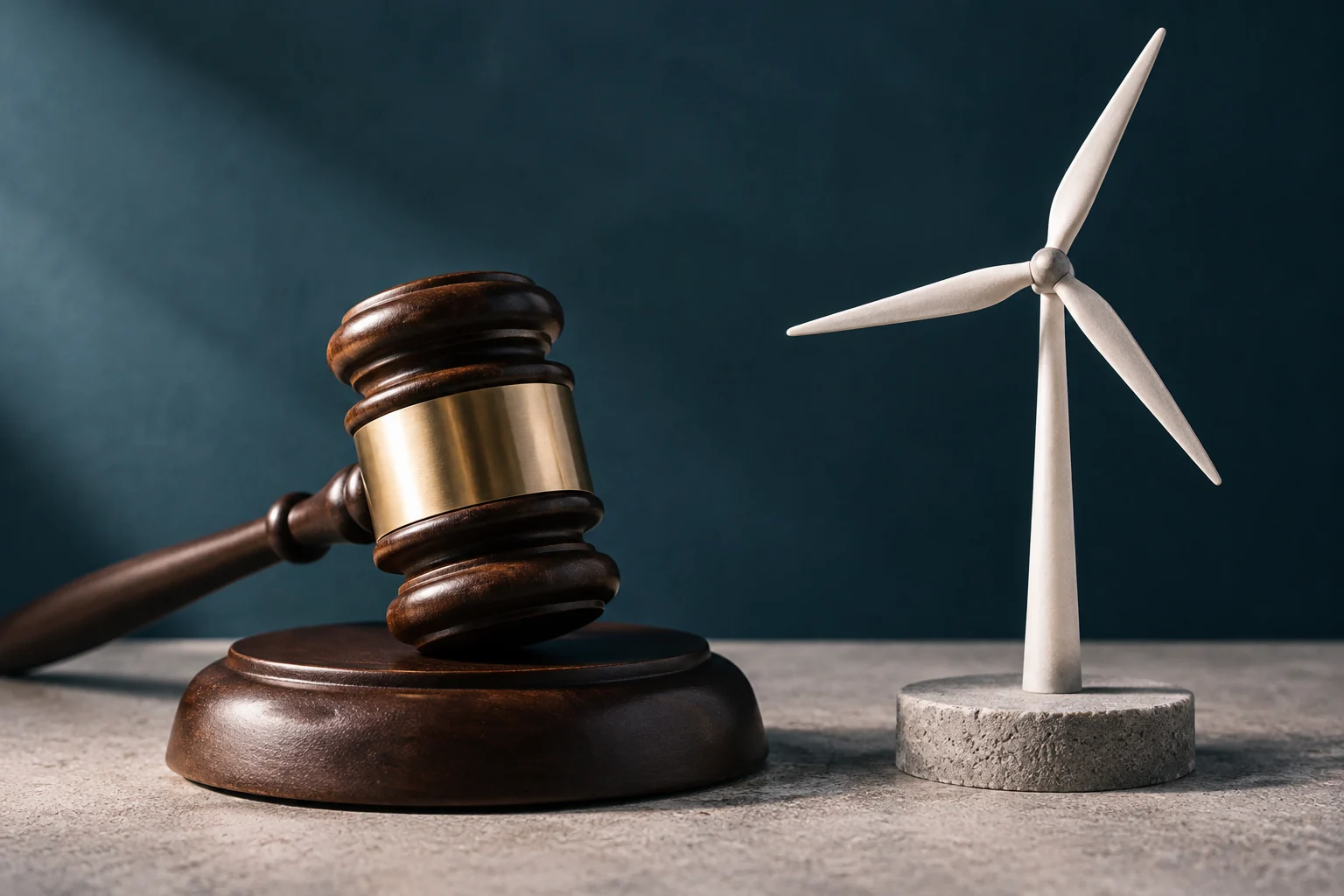 A wooden judge’s gavel beside a miniature wind turbine on a stone surface.
