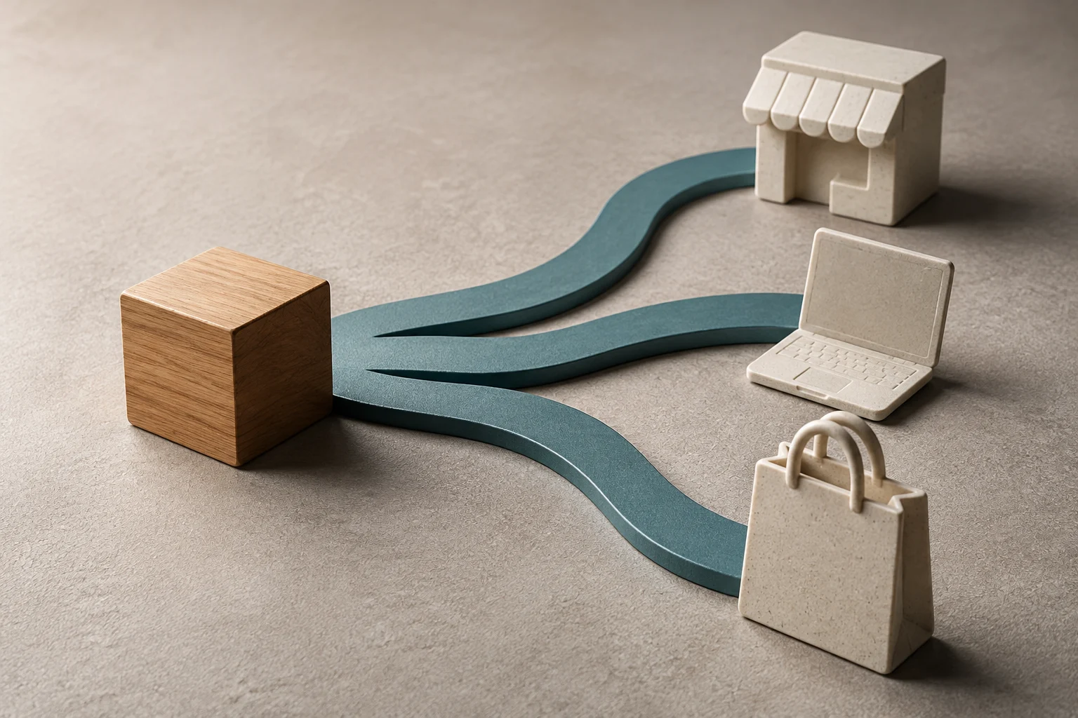 A wooden block connects via branching teal paths to a small shop, an open laptop, and a shopping bag on a beige surface.