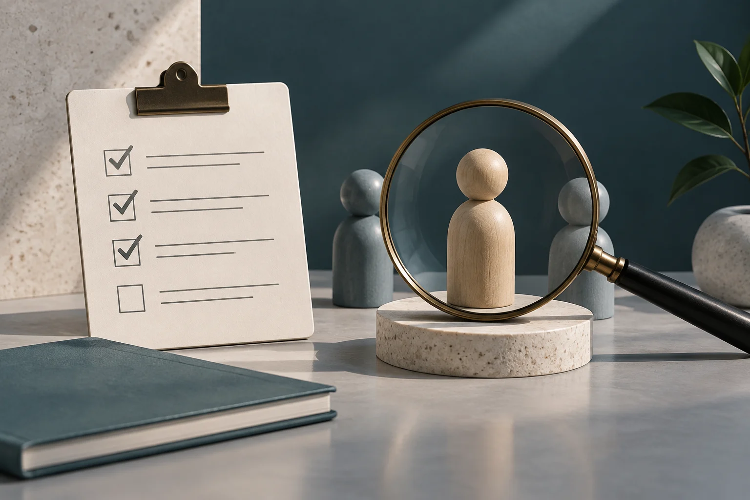 A checklist with ticked boxes and blank lines sits beside wooden human figures; a magnifying glass highlights one of them.
