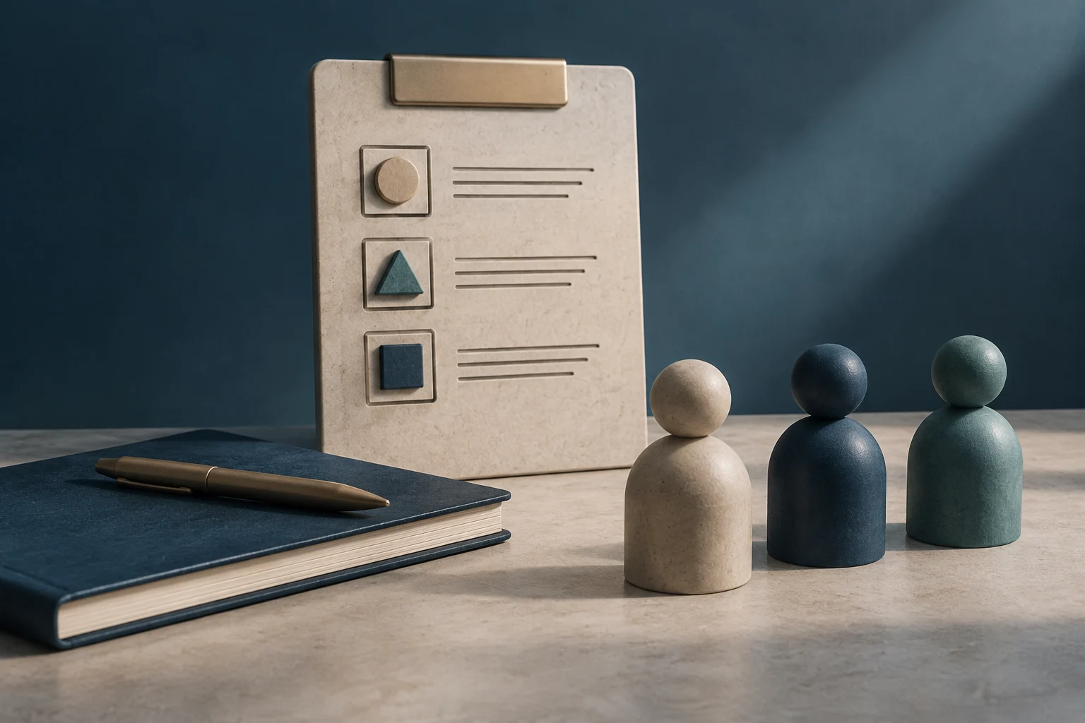 A clipboard with three criteria represented by a circle, a triangle, and a square, beside a notebook and three abstract human figures in different colors.