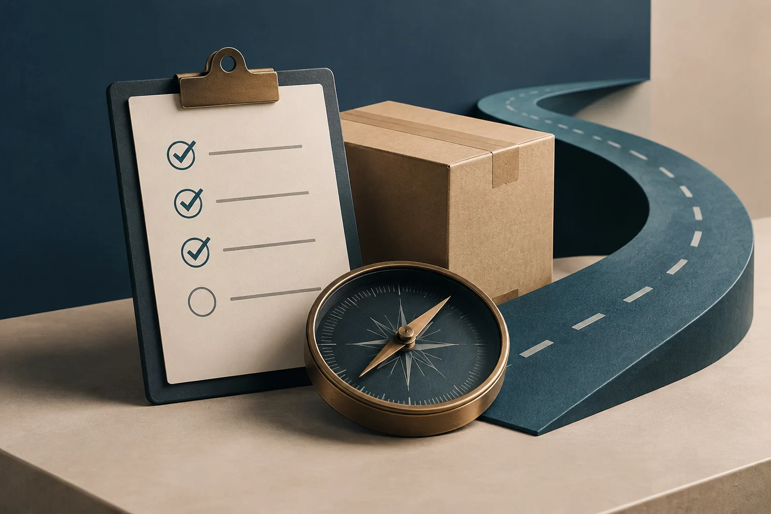 A checklist with several check marks sits beside a cardboard box, a compass, and a curving road.