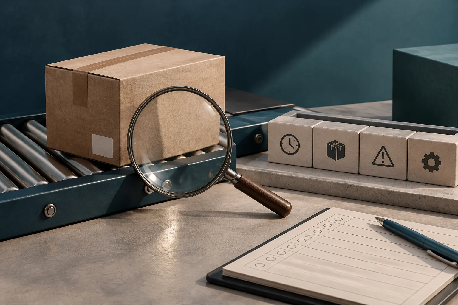 A cardboard box moves along a conveyor belt beneath a magnifying glass. To the right are blocks with clock, parcel, warning, and gear symbols; in front are a checklist sheet and a pen.