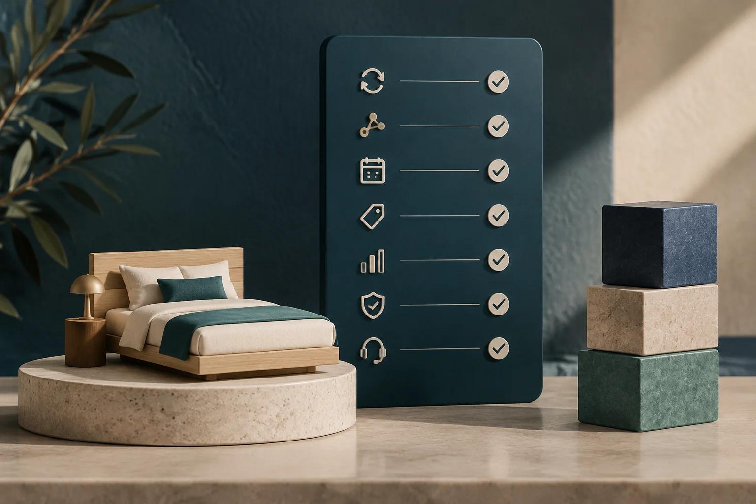 A wooden bed with light and teal bedding beside a dark panel showing icons for synchronization, channels, a calendar, rates, reports, security, and support, each accompanied by a check mark.