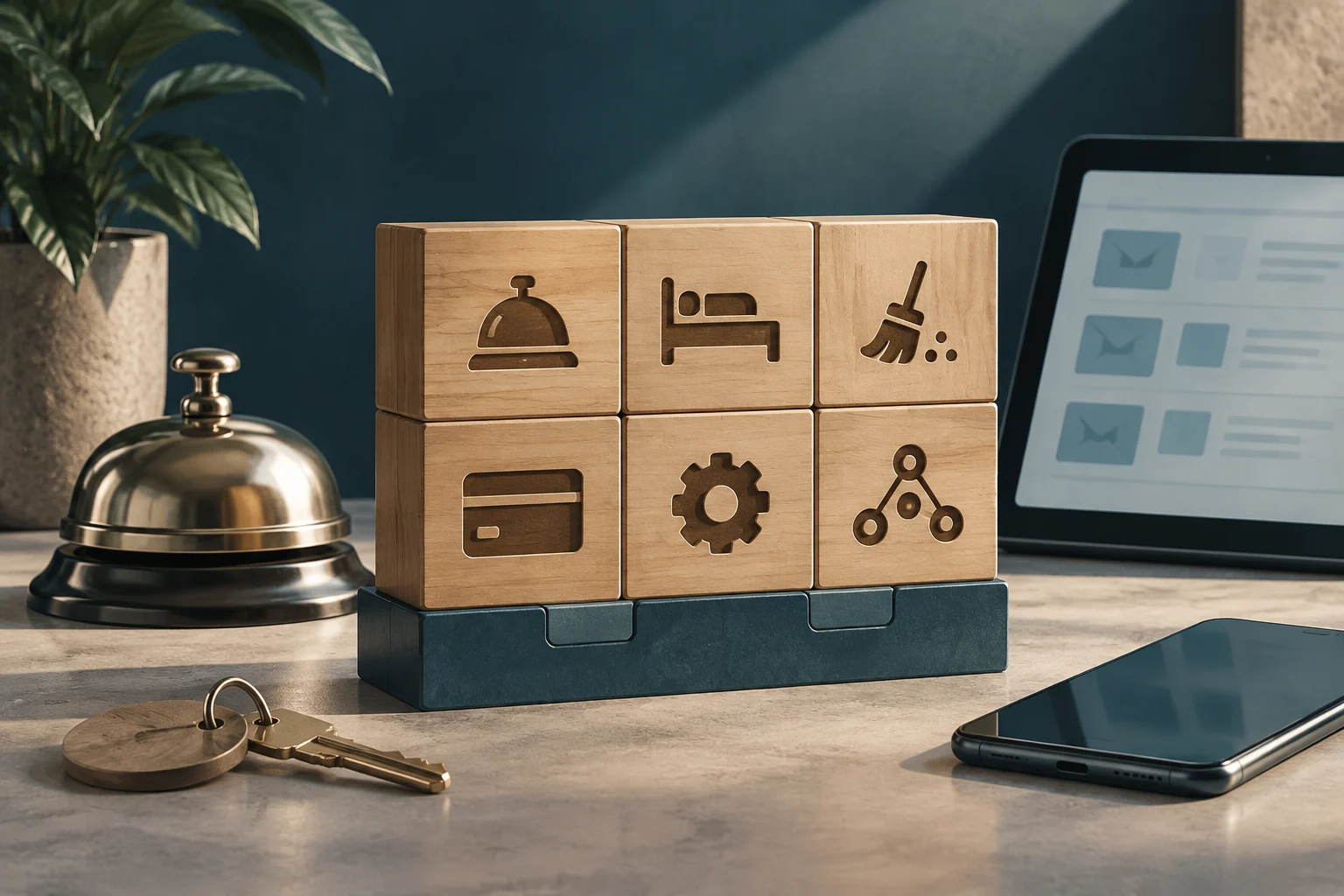 Wooden blocks with icons for reception, a bed, cleaning, payment, settings, and connection, beside a reception bell, a laptop with a schematic interface, and a phone.