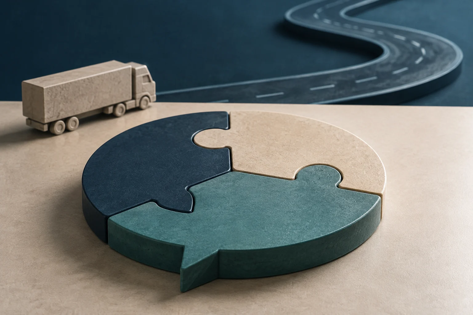 A small truck beside a winding road and a circular three-piece puzzle in beige, dark blue, and teal.