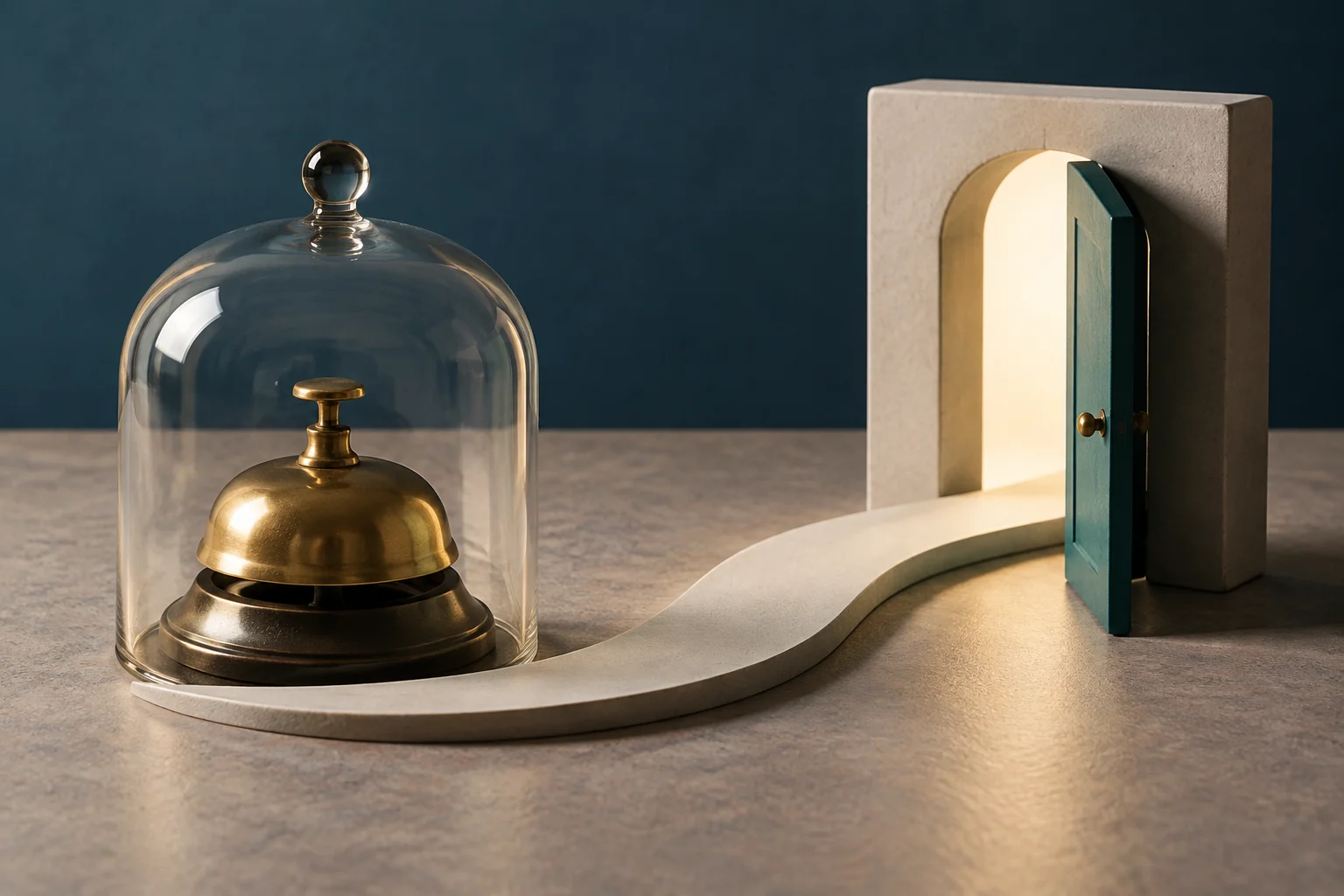 A golden reception bell beneath a glass cloche connects via a curved path to an open green door in a stone frame, with warm light shining through.