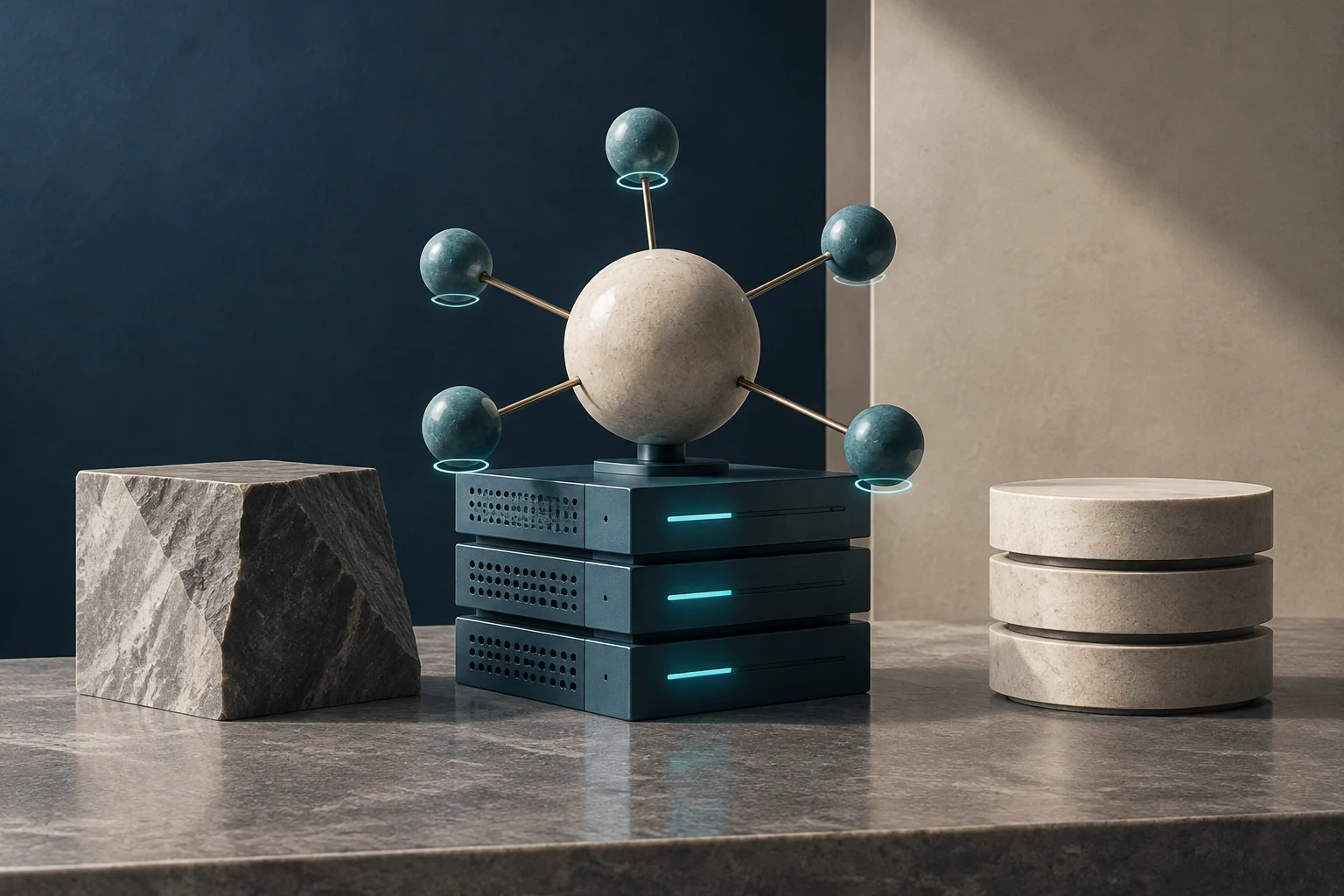 Conceptual illustration of a computing device made of three stacked modules, with a central sphere connected by rods to five spherical nodes; it sits on a stone surface between two decorative blocks.