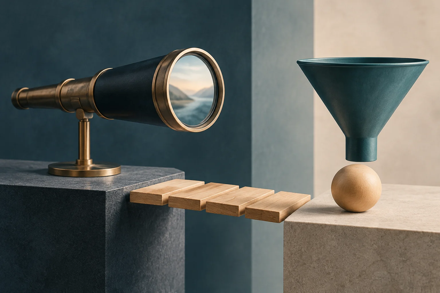 An antique telescope points toward a landscape visible in its lens; several wooden planks connect one platform to a funnel suspended above a sphere.