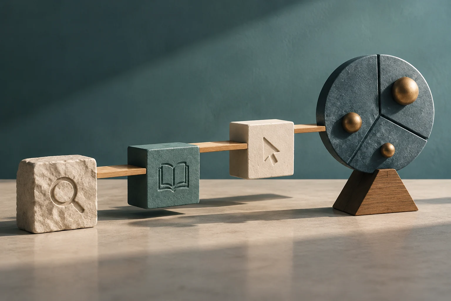Three blocks with search, reading, and click icons are joined by wooden bars leading to a circular disk divided into segments.