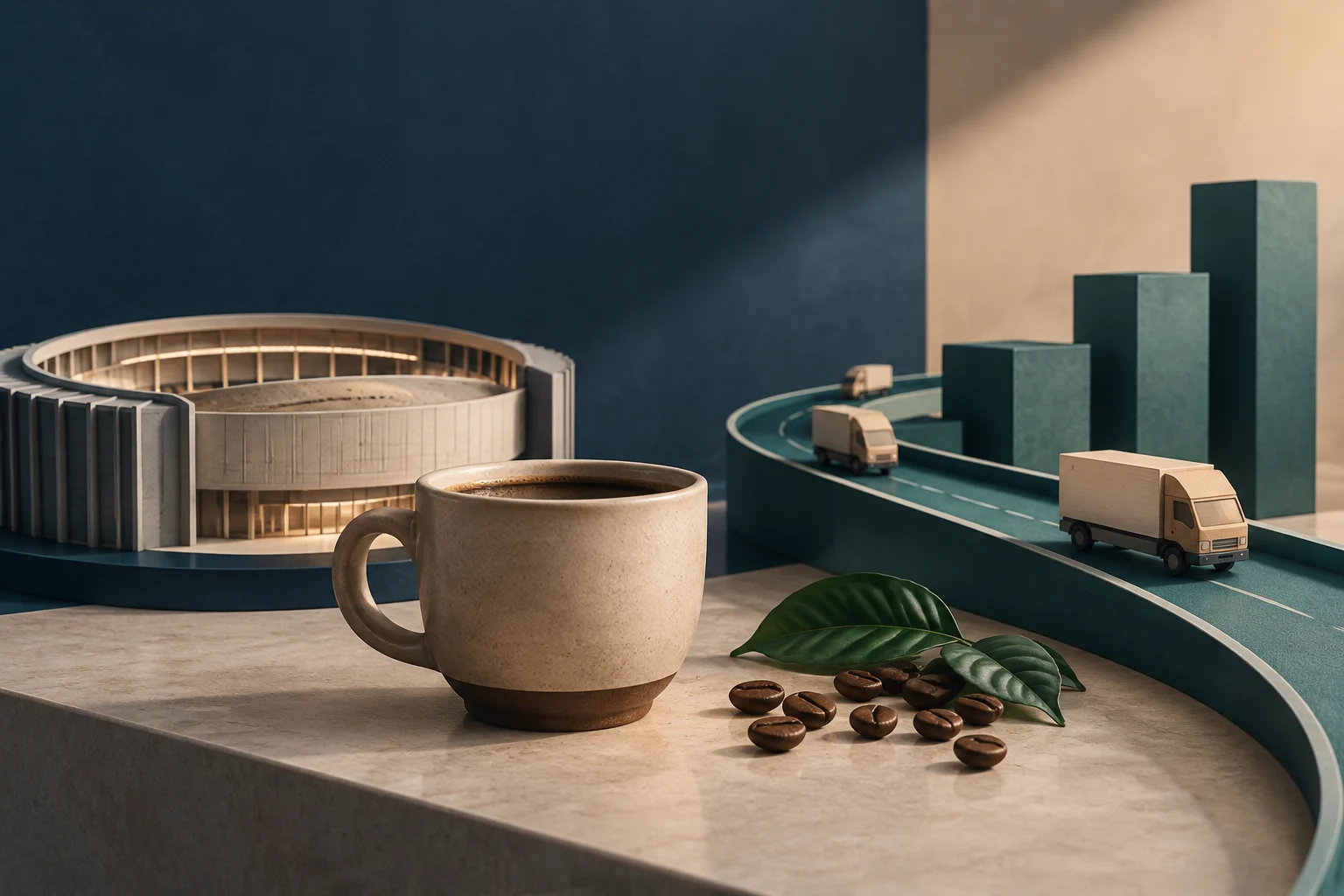 A coffee cup with beans and leaves in the foreground; behind it, a circular venue and an elevated road with several trucks beside blocks of varying heights.
