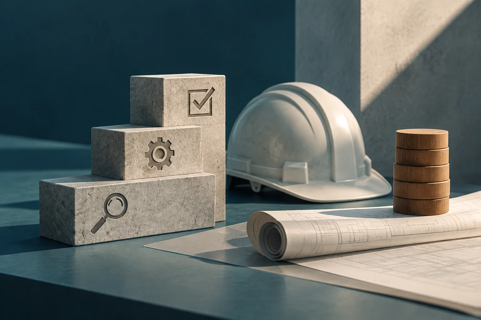 A construction hard hat and rolled plans sit beside three stacked concrete blocks marked with magnifying-glass, gear, and check symbols; a stack of wooden discs stands to one side.