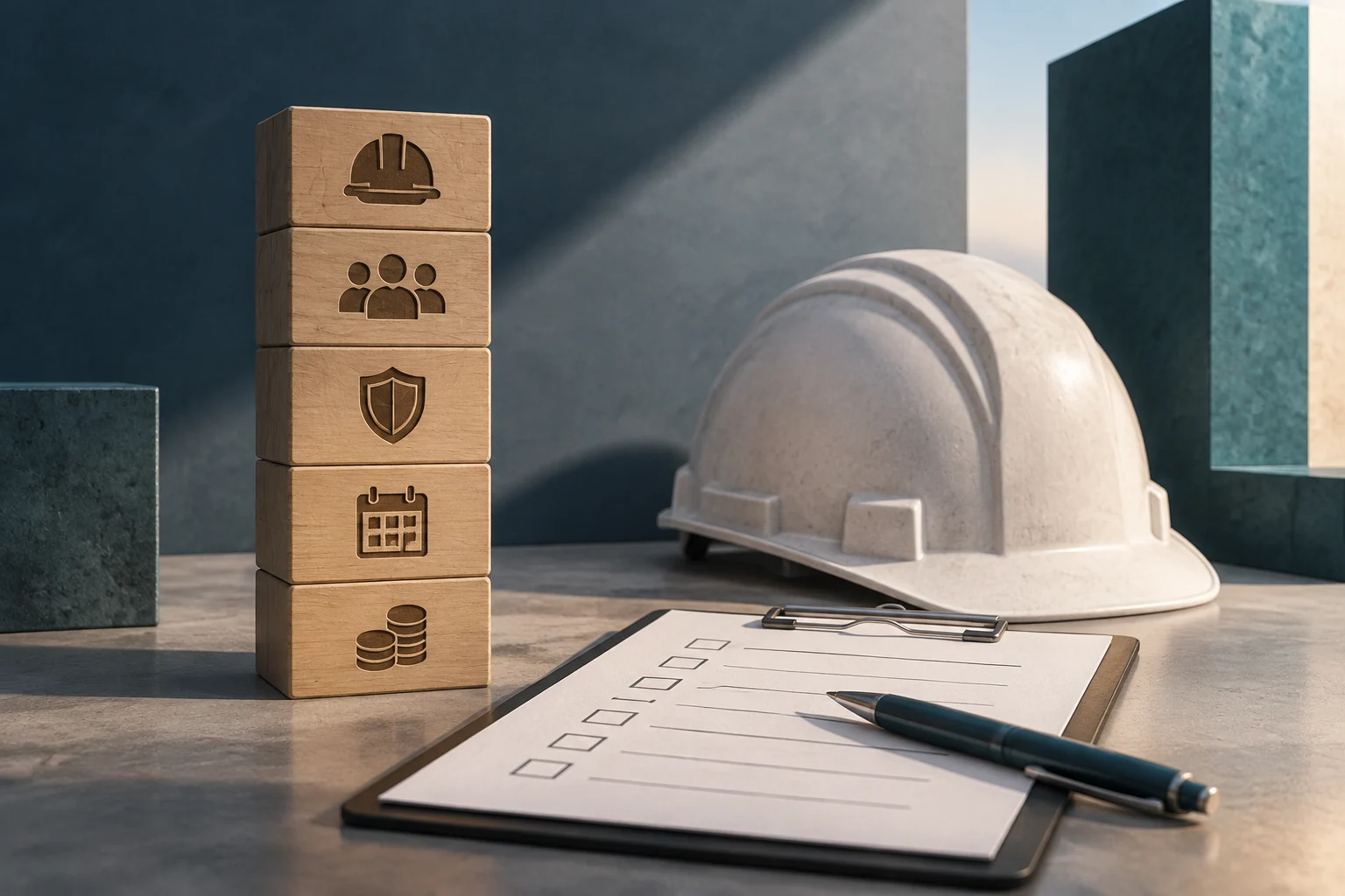 A construction hard hat and a clipboard with empty checkboxes sit beside a stack of wooden blocks bearing icons of a hard hat, a team, a shield, a calendar, and coins.