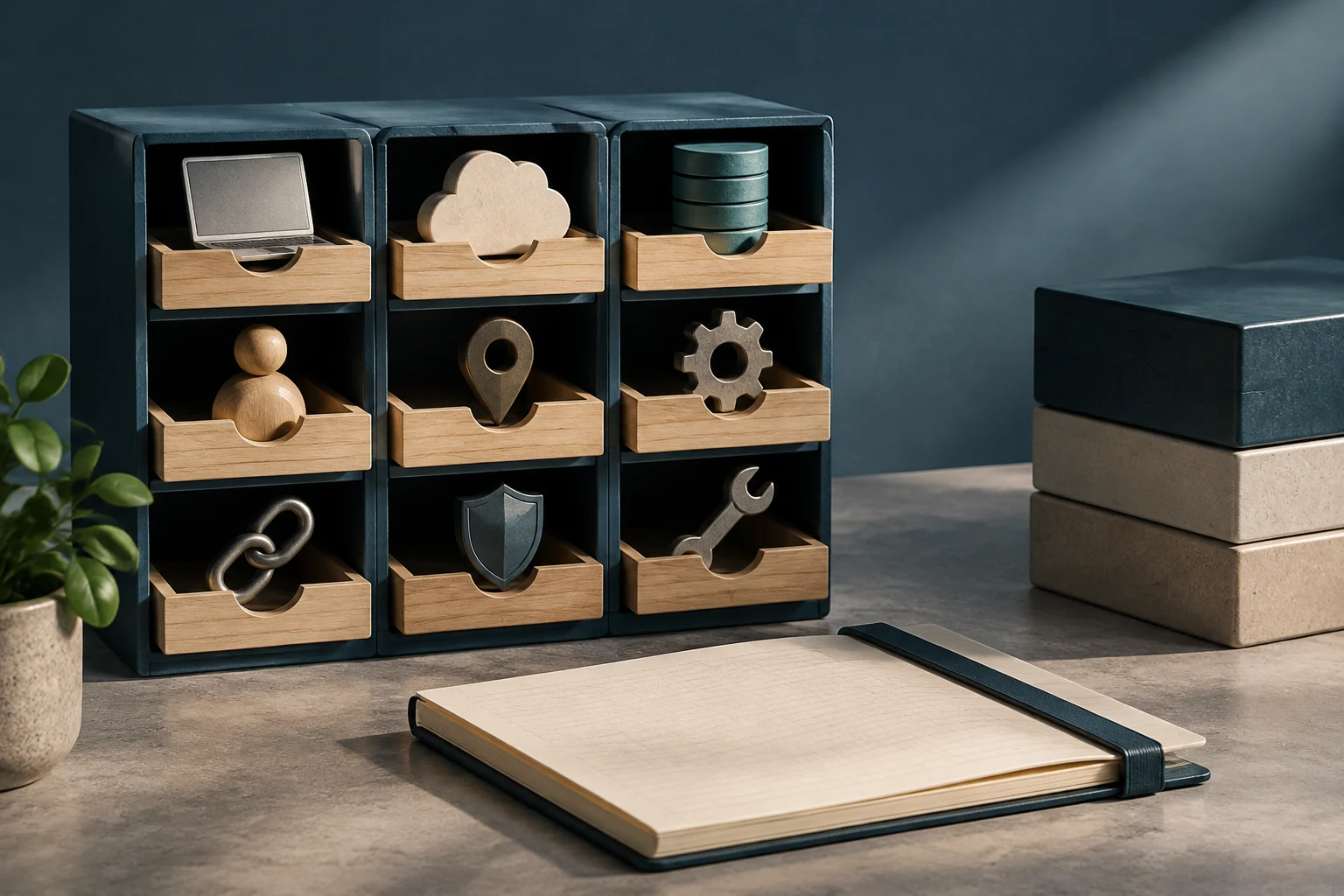 A multi-compartment organizer holds symbols of a laptop, a cloud, data disks, a person, a location pin, a gear, a chain link, a shield, and a wrench. An open notebook with no visible writing sits in front.