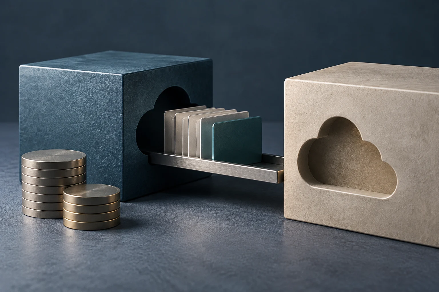 Two blocks with cloud-shaped cutouts face each other; between them, several cards slide along a tray from one block to the other. Two stacks of metal coins sit in the foreground.
