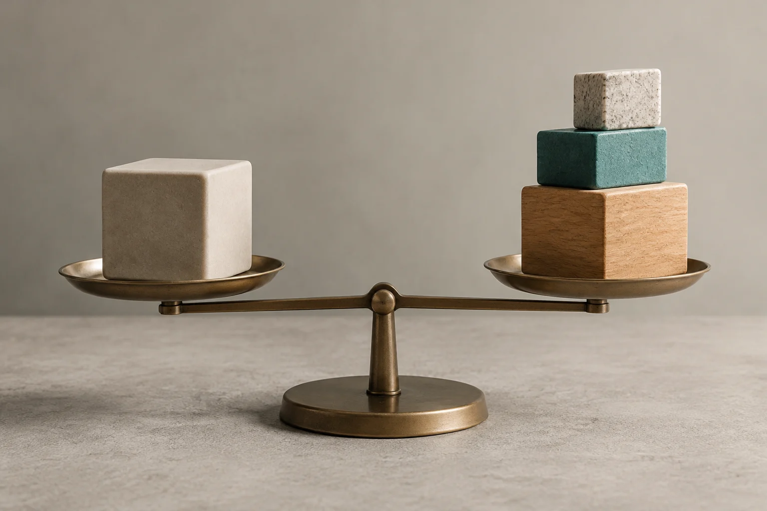 A metal balance scale holds one light-colored block on one pan and a stack of three blocks in different materials and colors on the other.