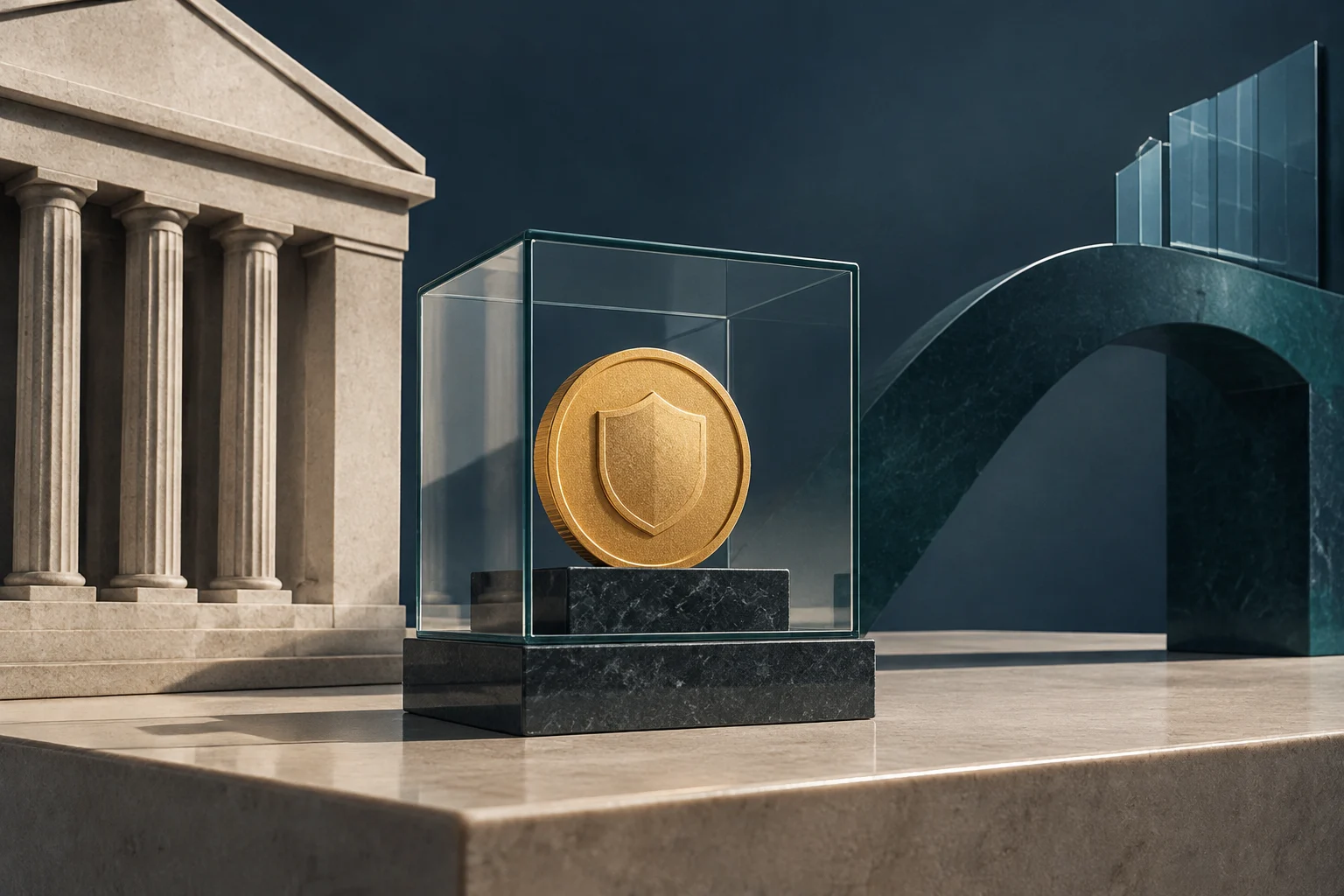 Conceptual illustration showing a gold coin with a shield inside a glass display case, positioned between a classical columned building and a modern architectural structure.