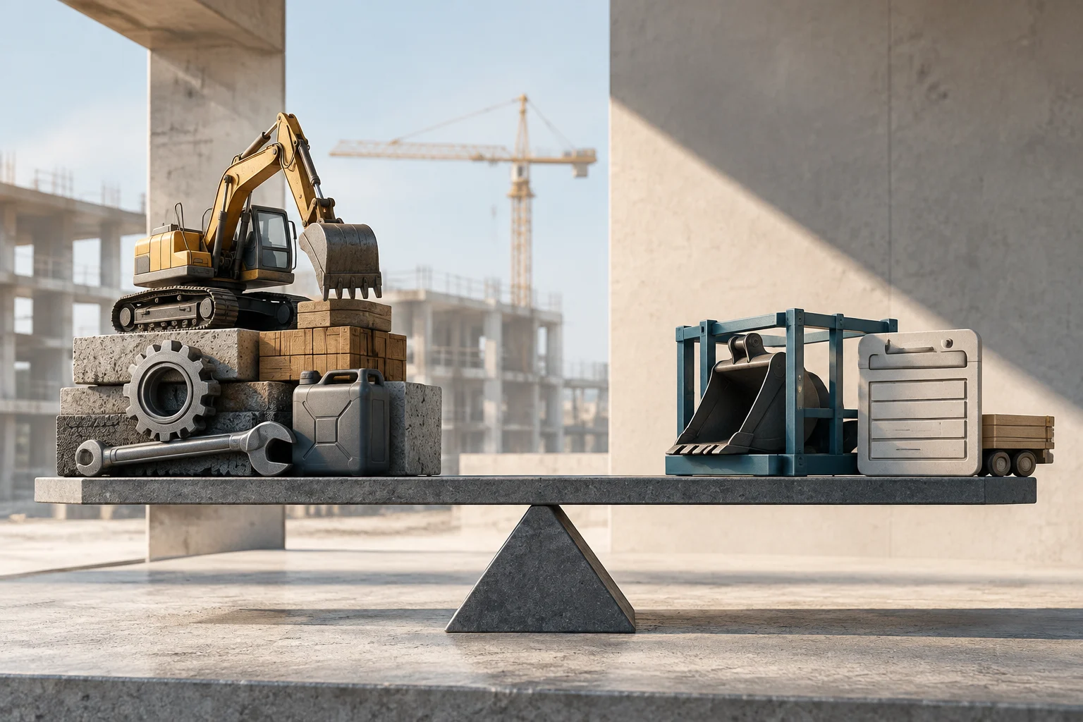 Conceptual illustration of a balance scale in a construction setting. One side shows an excavator with tools and consumables, while the other shows a contract and a machine part, symbolizing a cost comparison.