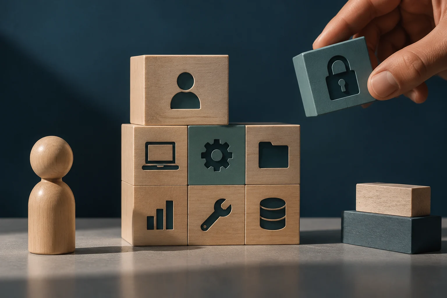 A hand holds a block with a lock icon over a tower of wooden blocks featuring user, settings, and database symbols, next to a wooden figure.