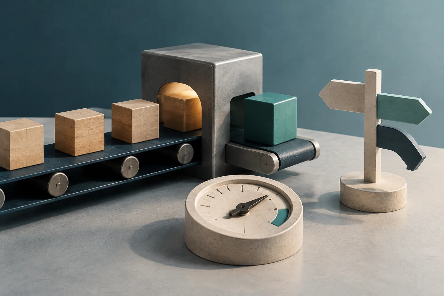 Conceptual illustration of wooden cubes on a conveyor belt passing through a metal structure, accompanied by a circular gauge and a wooden directional signpost.